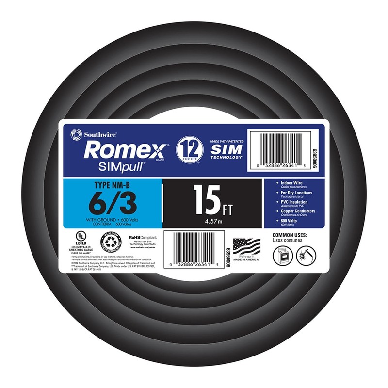 Southwire 15 ft. 6/3 Black Stranded Romex SIMpull CU NM-B