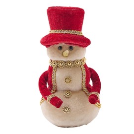 Widdop and Co. - The Seasonal Gift Co. - Red Velvet Snowman Figurine Christmas Ornament Decoration. Red, Gold & Brown Xmas Homeware Indoor Festive Holiday Room Decor.