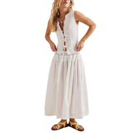 HOXIJIA Women Long Skirt 2 Pieces Set Hollow Out Eyelet Lace Tie Front Vest and Skirt 2PCS Outfits Vintage Solid Color Set(White, M)