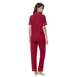 YOPUGEE Women's Cotton Pajama Set Short Sleeve Pajama Pants Soft Cozy Loungewear Set Summer Pj Set Sleepwear Wine Red M