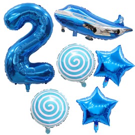 2nd Happy Birthday Blue Airplane Theme Decoration Supplies for 2 Years Old Birthday Party 2th Anniversary Celebration- 40inch Navy Blue Number2, Airplane, candy, pentagram Mylar & Foil Balloons