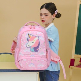 Kimwadalh Backpack for Girls Children School Bag Girls School Bag Sets Girls School Bag Girls School Backpack Children's Backpack for School 1-3 Class for 15 Inch Laptop, unicorn embroidery purple,