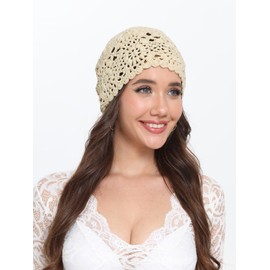 ENGLUCK Women’s Cotton Crochet Hat Boho Slouchy Beanie Handmade Knit Floral Skull Caps for Summer, Beige