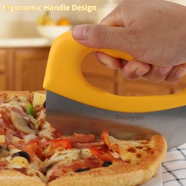 Suanyok Premium Pizza Cutter Food Chopper-Super Sharp Blade Stainless Steel Pizza Cutter Rocker Slicer with Protective Sheath Multi Function Pizza Knife Kitchen Tools,Dishwasher Safe (Yellow)