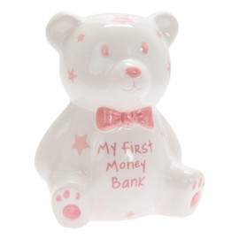 My First Money Bank MINI Teddy Money Box White with Pink Stars