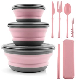 Collapsible Bowl, 3 Pcs Food Grade Silicone Camping Bowl, Expandable Salad Bowl Lunch Box with Lid & Tableware for Travel and Picnic (Pink)