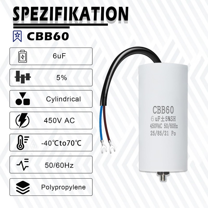 Iruihoo Motor Capacitor 6µF CBB60,450V Capacitor 50/60Hz 6UF Starting Capacitor