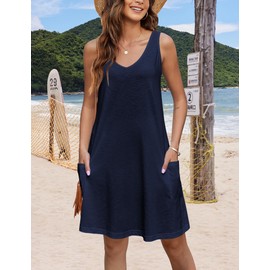 Zeagoo Vestidos De Verano para Mujer 2025 Women Summer Dress with Pockets Sleeveless Sundresses Women Shift Dress V Neck Tshirt Dresses Navy Blue M