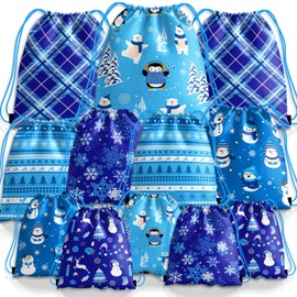 LARRAZABAL 12 Pcs Christmas Drawstring Gift Bags, Christmas Backpack Gift Bags Christmas Goody Bags Winter Snowflakes Snowman Wrapping Gift Bags for Christmas Party Supplies