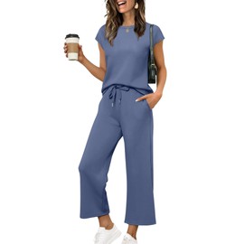 SAMPEEL Lounge Sets for Women 2 Piece Summer Vacation Outfits Spring Fashion Beach Wide Leg Crop Pants Sets Cap Sleeve Tops Blue L