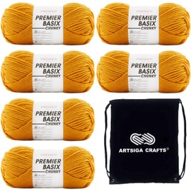 Premier Yarns Basix Chunky Mustard 1145-06 (6-Skeins - Same Dye Lot) Chunky Bulky #5 Acrylic Yarn for Crocheting and Knitting with Project Bag