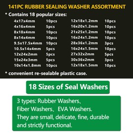 141 PCS O-Rings Rubber Seal Gasket Washers, 18 Sizes Fiber Faucet Washer Assortment Kit, Flat Round Spacer Washers, Plumbing and Taps Hose Insulation Rubber Washers & Auto Quick Repair, Black and Red