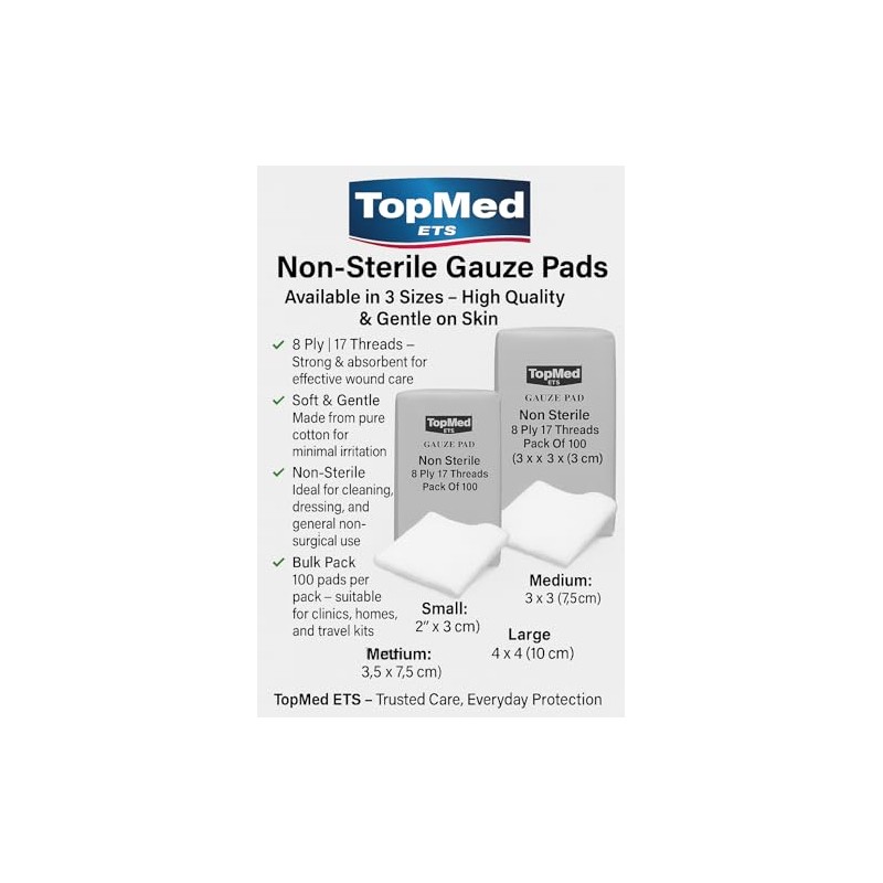 Cotton Gauze Swabs, Non-Sterile,White,8 Ply 17 Threads Pack of 100