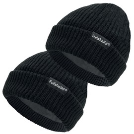 Fullsheild 2pcs Merino Wool Beanie Warm Winter Thick Ribbed Cap hat for Men Women Walking Ice Skating Skiing Black One Size