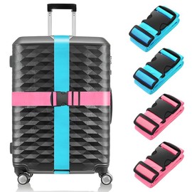 BILIONE 4 Pcs Luggage Straps for Suitcases Strap Suitcase Belts，Heavy duty Luggage Straps，Adjustable Suitcase Straps,Premium Accessory for Travel Bag Closure (Pink+Blue)