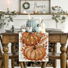 Artoid Mode Buffalo Plaid Orange Pumpkins Eucalyptus Fall Table Runner, Autumn Thanksgiving Kitchen Dining Table Decoration for Home Party Decor 13x72 Inch