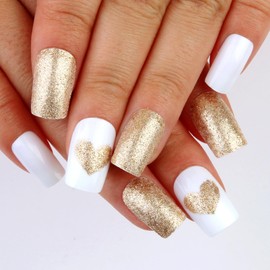 Glod Love Fake Nails, Glod & White False Nails, 24pcs Stick on Nails with Glue,Glossy Fake Nails with Glue,Comfortable Fit Stick on Nails,Full Cover French Tip for Women & Girls Nail Art