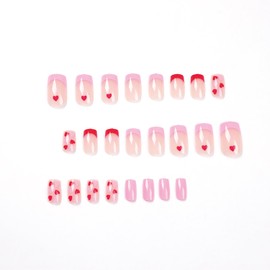 French Tip Press on Nails Medium Red Pink Love Heart False Nails with Design Valentine's Day Fake Nails Square Acrylic Nails Full Cover Glossy Artificial Coffin Nails, Glue on Nails for Women 24Pcs