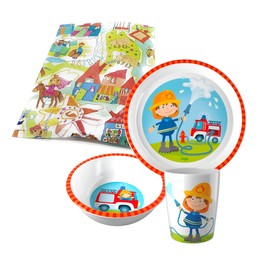 Haba Melamine Tableware Gift Set, Fire Brigade, 3-Piece Plate, Cup, Bowl, Children's Tableware