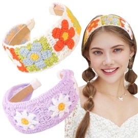2 PCS Crochet Bandanas Headbands Cute Flowers Hairbands Yellow Floral Knitted Headscarf Purple Daisy Head Scarf Stylish Non Slip Headwrap for Thin Thick Hair Curly for Women Girls Hair Accessories