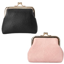 CREATCABIN 2pcs Kiss Lock Coin Purse Leather Coin Purse Mini Vintage Snap Closure Wallet Change Pouch With Metal Kiss Lock Clasp Small Size Clutch Purse Bulk for Women 4.92×4.53in (Pink and Black)