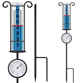 JMBay Rain Gauge Outdoor with Thermometer, Rain Gauges Outdoors Best Rated, Large Font Rain Measure Gauge for Yard, Rain Water Meter with Thickened Plastic Tube and Duralbe Metal Stake for Patio,Lawn