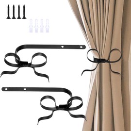 Shimeyao 2 Pcs Metal Bow Curtain Holdbacks Decoration Black Curtain Holdback Hooks for Wall for Living Room Bedroom Office Home Decorative