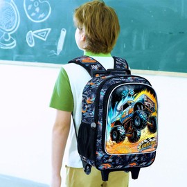 FTJCF 3PCS Rolling Backpack for Boys, Kids Roller Bookbag with Wheels, Car Wheeled School Backpack for Elementary Preschool Kindergarten(Black)