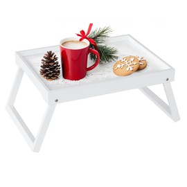 Bamboo Bed Tray for Breakfast with Folding Leg, Breakfast Trays for Eating, Bed, Sofa, Bed, Snacking or Working, Laptop Desk Snack Tray (White)