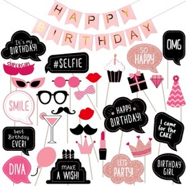 31 Pcs Birthday Photo Booth Props and Pull Flag, Black and Pink Photobooth Props Fun, Funny Photo Props with Happy Birthday Pull Flag Cute Selfie Birthday Party Decoration for Women