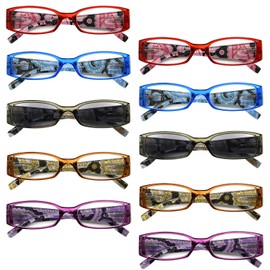LUR Tiger Patterned Temples Reading Glasses for Women 10 Pack Readers Include Reading Sunglasses +1.50