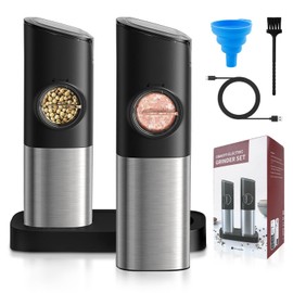 Gravity Automatic Rechargeable Electric Salt and Pepper Grinder Set Stainless Steel Pepper Shakers Mill Grinder Set for Kitchen with LED Light Dust Lids Adjustable Coarseness USB Dual Charging Base