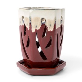 rePotme 4 x 6 inch Ceramic Orchid Pot (Cream Over Garnet) - Hexagon Orchid Pot with Holes