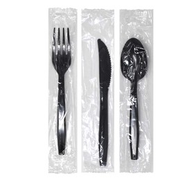 Progress Plastic Cutlery individually wrapped utensils, Heavy Weight black disposable cutlery,Strong & Durable Bulk Plastic flatware set - Spoons, Forks & Knives (1000 count each)