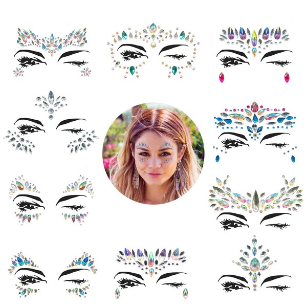 Face Gems, 10 Sets Mermaid Face Jewels Festival Face Gems Rhinestones Rave Eyes Body Bindi Temporary Stickers Crystal Face Stickers Decorations Fit for Festival Partyï¼ˆ10 Sets collectionï¼‰