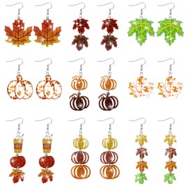 Y1tvei Fall Thanksgiving Acrylic Earrings - 9 Pairs Maple Leaf Pumpkin Glitter Sparkly Aesthetic Drop Dangle Earring Colorful Stud Ear Decor Jewelry Accessory Holiday Gift for Women Girls Autumn Party