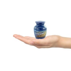 Footprints Keepsake Urn - Footprints Mini Cremation Urns for Ashes - Handcrafted Miniature Beach Sharing Urn - Mini Memorial Blue Urns with Premium Box & Velvet Bag (Keepsake)