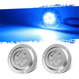 Partsam 2Pcs Blue 6LED Round Marine Underwater Lights IP68 Waterproof for Cruise Ships Yachts Boats Sailboat Pontoon Transom, Stainless Steel, Surface Mount, 12V