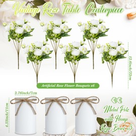 Solsew 3 Sets Artificial Peonies Flower Peony Bouquet with Galvanized Metal Pot Silk Fake Peonies Faux Flower Arrangements for Wedding Table Centerpiece Party Home Room (White)