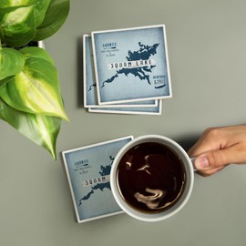 Squam Lake, New Hampshire, Lake Essentials, Shape, Acreage and County (Absorbent Ceramic Coasters Set of 4 Matching Images, Cork Back, Kitchen Table Decor)