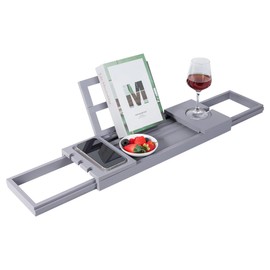 Utoplike Bathtub Tray Caddy Bamboo, Grey Bath Table for Tub Adjustable, Bathroom Organizer with Book Tablet Wine Glass Cup Towel Holder