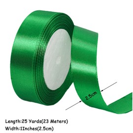 Green Satin Ribbon 25mm x 23 Meters, Solid Color Fabric Present Ribbon for Crafting, Gift Wrapping, Hair Bows, Balloons, Cakes Decoration, Bridal Bouquet, Sewing, Birthday Party and DIY Handicrafts