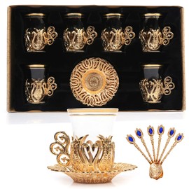 Alisveristime (SET OF 6 Handmade Turkish Tea Water Zamzam Serving Set Glasses Saucer and Spoon (Ottoman) (Gold)