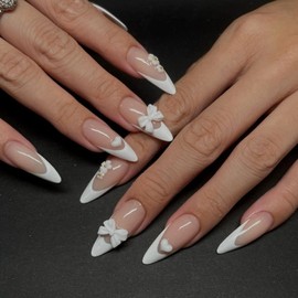 24 Pcs Medium French Tip Press on Nails Almond Shaped Fake Nails with Designs White Flower Bow Charm Designs Cute Acrylic Nails Glossy White Nail Tips False Nails Full Cover Glue on Nails for Women