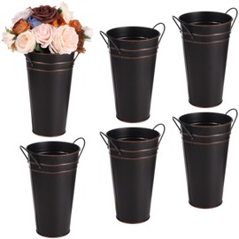 6 Pcs Black Flower Buckets, Galvanized Metal Vases,11.8Inches Flower Vase with Handles, French Flower Bucket，Rustic Farmhouse Vases for Home Decor Wedding Table