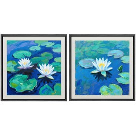 SIGNFORD Framed Canvas Print Wall Art Vibrant Blue Water Lily Pond Impressionist-Style Botanical Illustrations Modern Boho Nature Colorful Chic for Living Room, Bedroom, Office - 16"x16"x2 Black