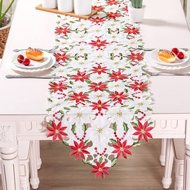 Christmas Table Runner, Embroidered Table Runners Luxury Poinsettia Holly Table Runner for Coffee Desk Placemat Decorations