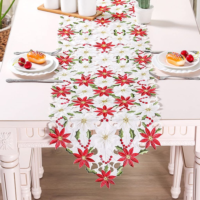 Christmas Table Runner, Embroidered Table Runners Luxury Poinsettia Holly Table