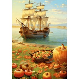 America Forever Mayflower Ship Pilgrim Thanksgiving Garden Flag 12.5 x 18 inch Fall Thanksgiving Pumpkins Small Double Sided for Outside Welcome Yard Autumn Flag