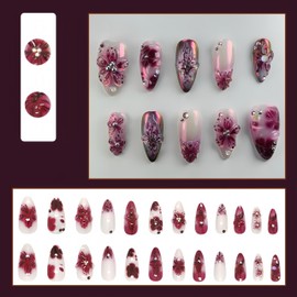 24Pcs Burgundy Gradient Flower Press on Nails Medium Almond Fake Nails with 3D Pearl Design Ombre False Nails Glue on Nails Artificial Hibiscus Acrylic Nail Floral Stick on Nail for Women